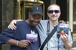 Tom with street postcard salesperson